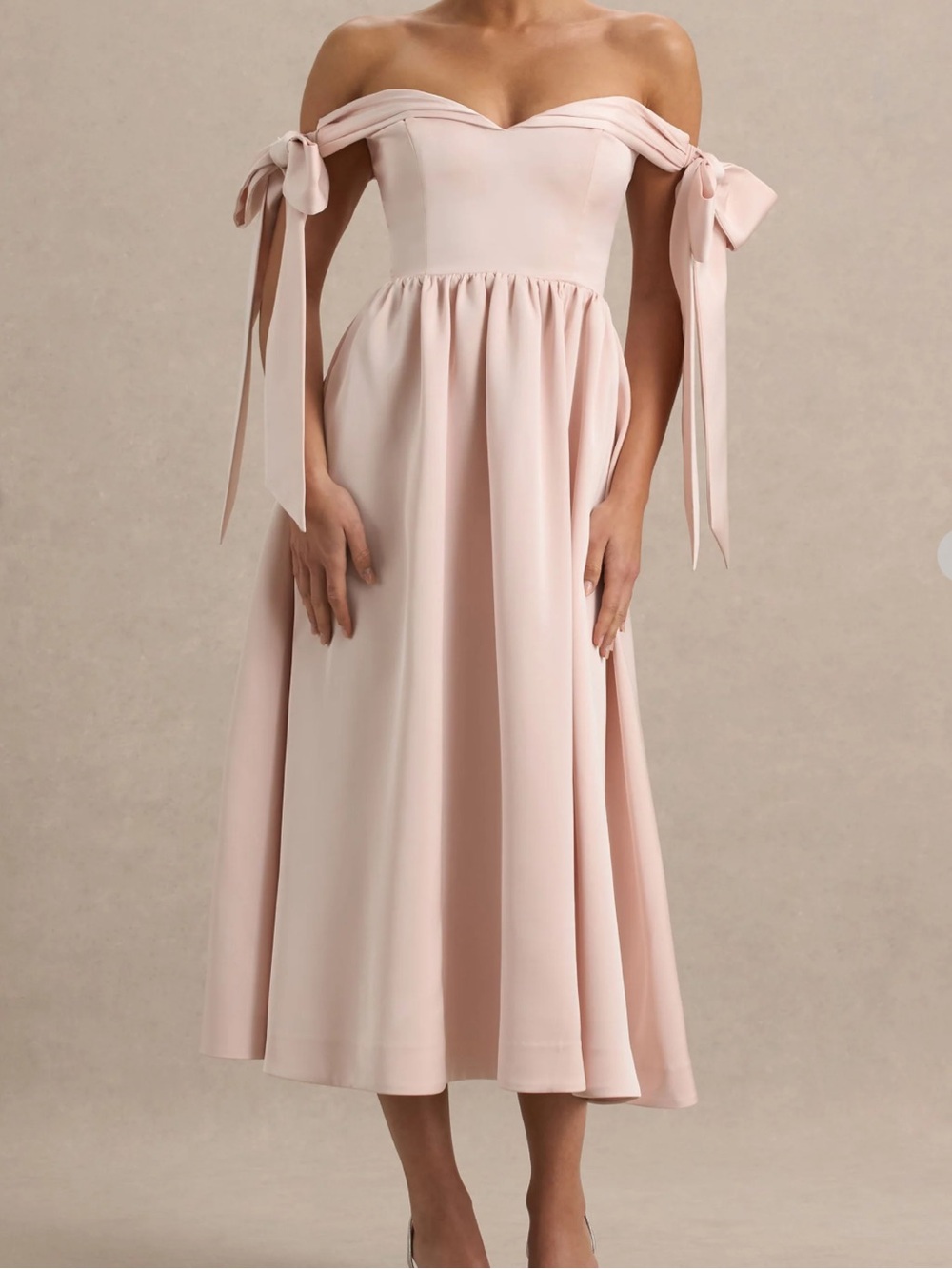 Club L London AGAFAY
RosePink Satin Short-Sleeve Bardot Wrap Midi Dress With Bow